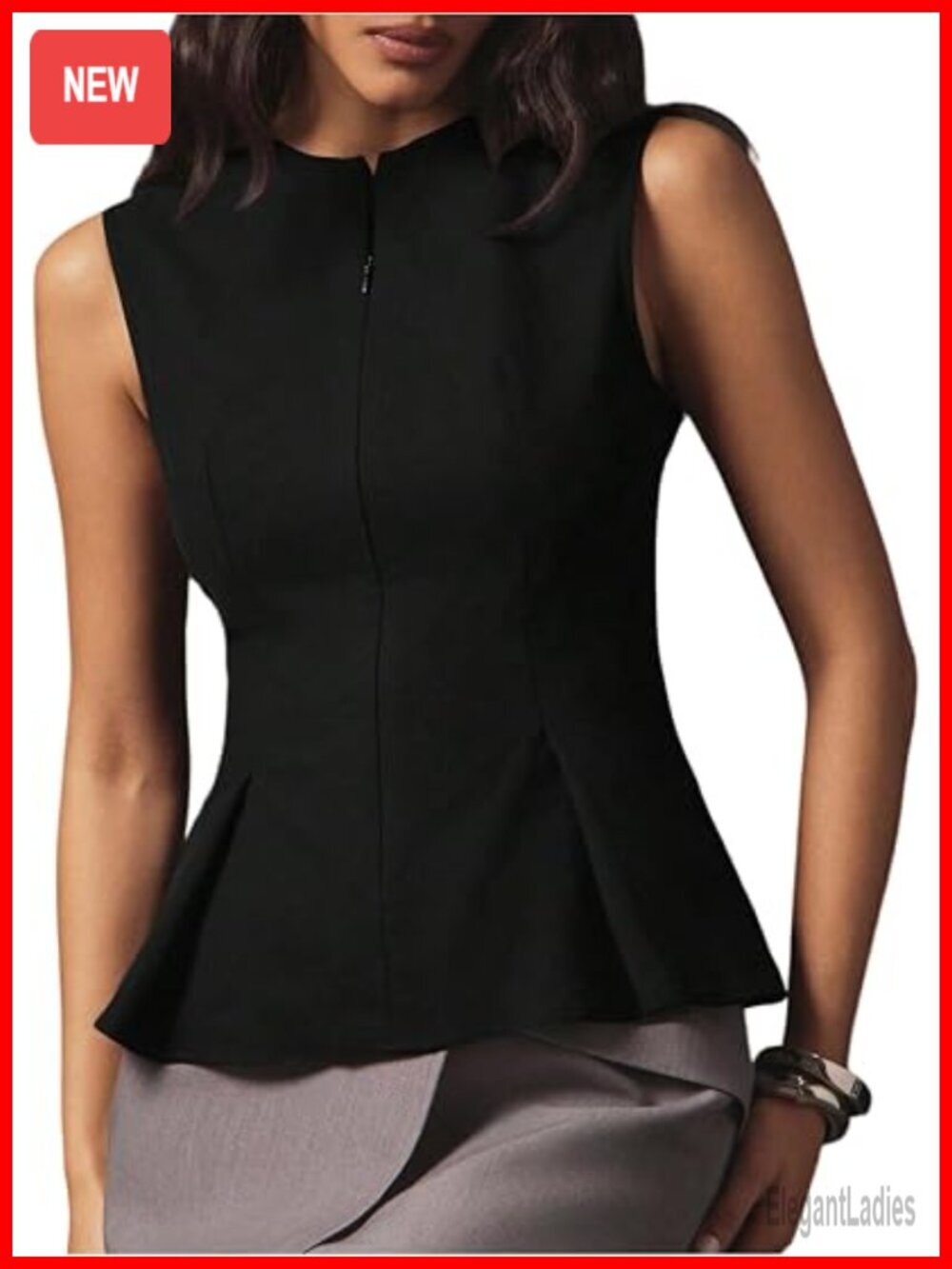 Zip Up Babydoll Top Cinched Waist Ruffle Peplum Dressy Tank Top Business Casual